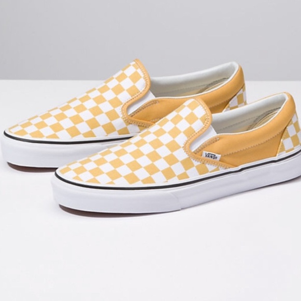 ISO yellow checkered slip on vans